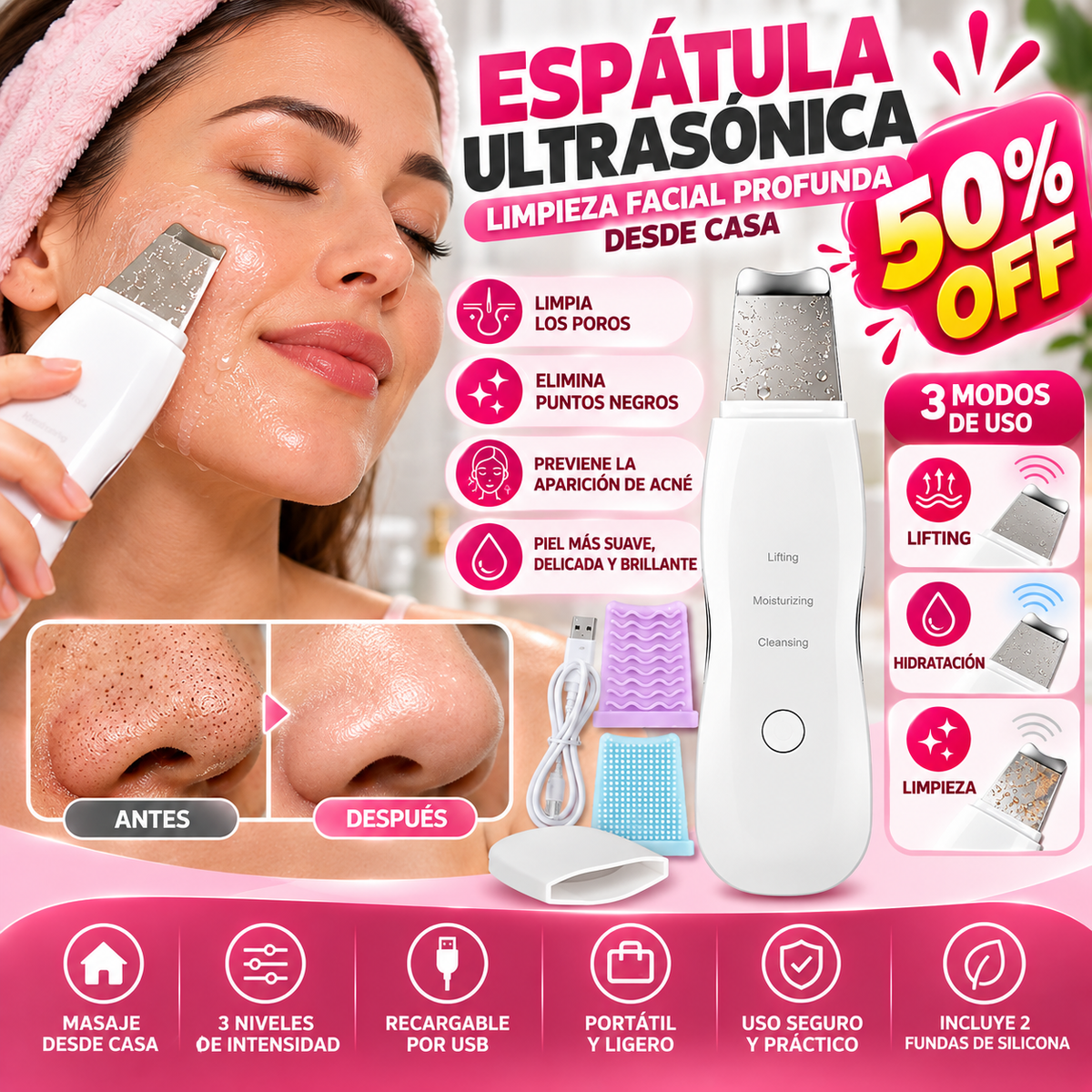 50% OFF SOLO HOY | Espatula Facial UltraSkin: Tu rostro radiante ✨