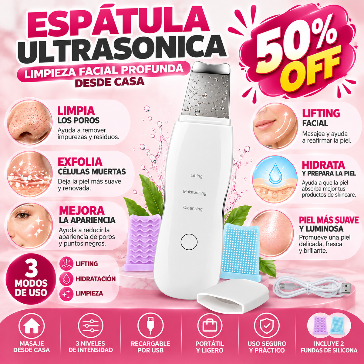 50% OFF SOLO HOY | Espatula Facial UltraSkin: Tu rostro radiante ✨