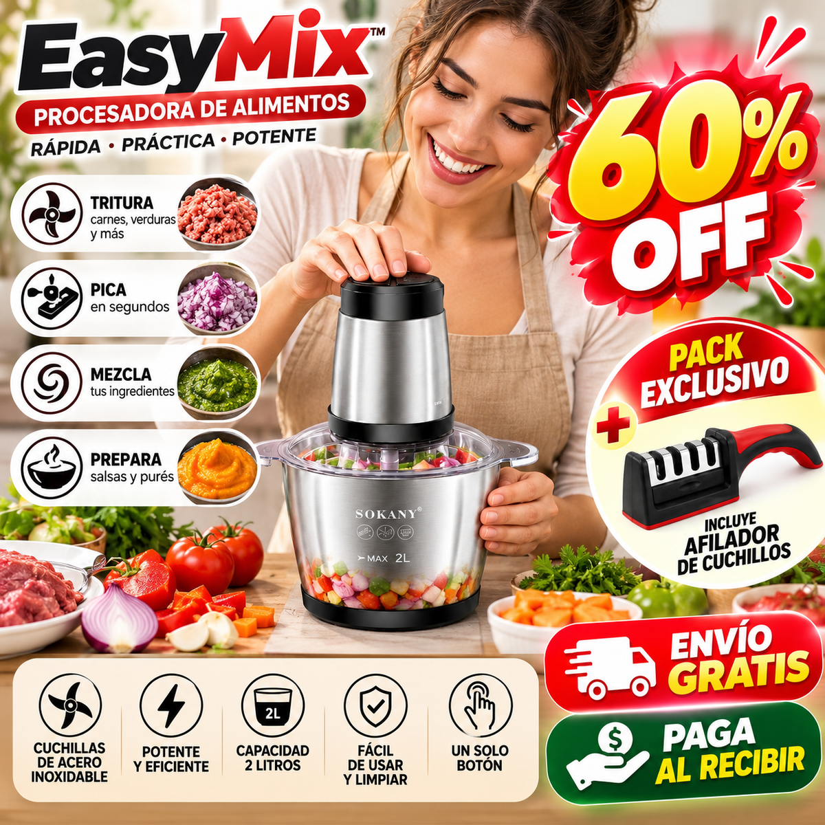 60% OFF SOLO HOY | Picadora Procesadora EasyMix™ + Afilador de REGALO
